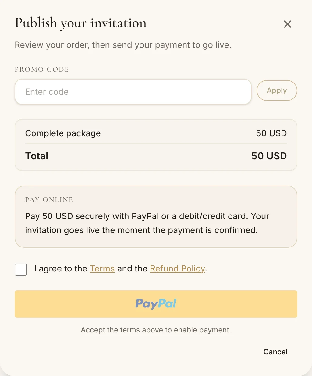 The checkout: PayPal or card, and the invitation goes live