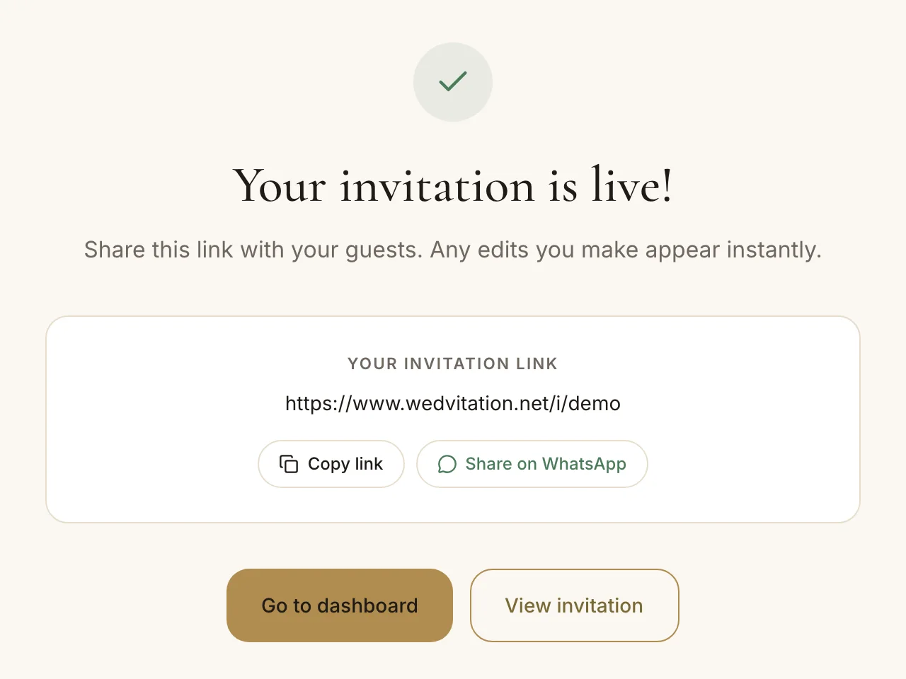 The “Your invitation is live” screen with the invitation link